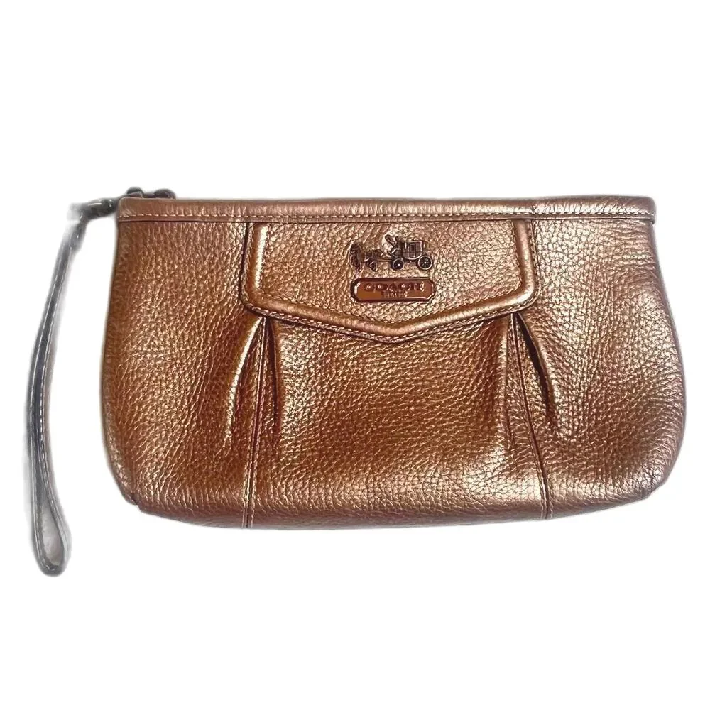 Coach Metallic Pebbled Bronze Pleated Coach Glam Wristlet Clutch Purse #43225